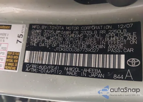 2008 Toyota Prius z USA, uszkodzony, nr VIN JTDKB20U387739027